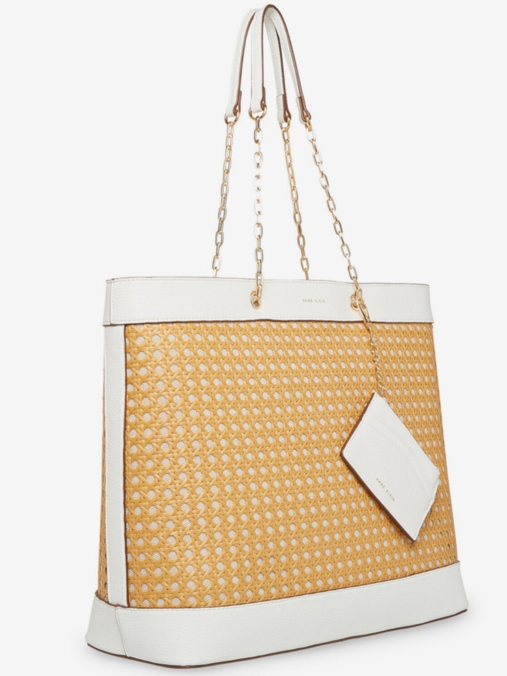 Anne Klein Tan Woven Tote with White Trim and Gold Chains